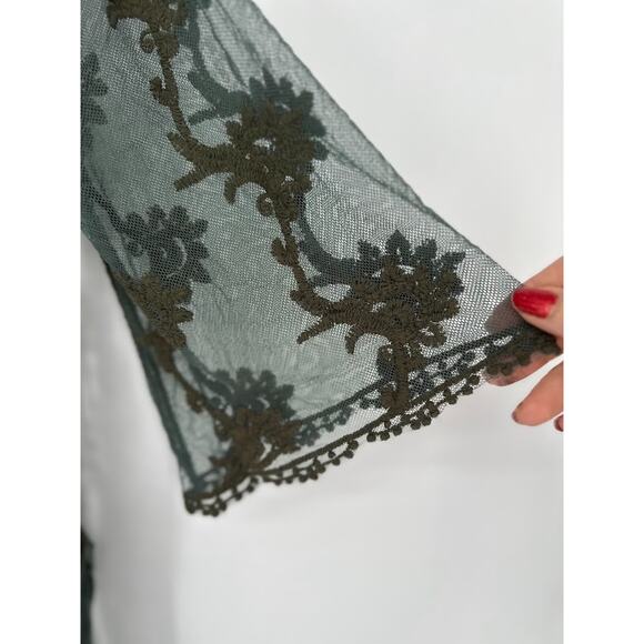 Woven Heart Kimono Duster Medium Green Sheer Embroidered Boho Whimsy Fairy - Picture 3 of 9